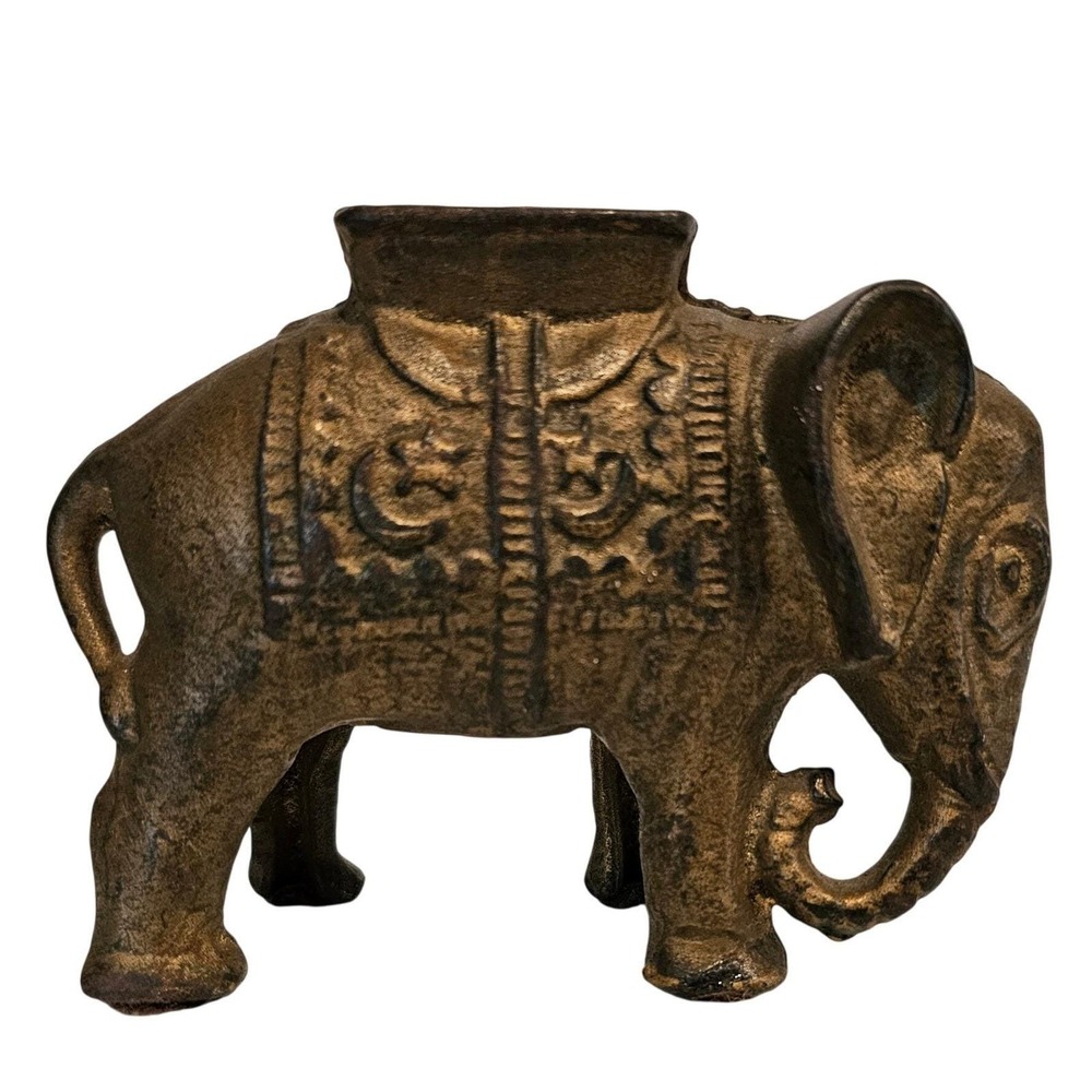 Early 1900's Vintage Cast Iron Elephant Still Bank Gold Tone Moon Star Celestial